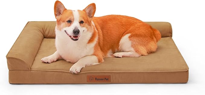 Rainmr Orthopedic Dog Bed Medium Size Dog, Memory Foam Dogs Bed for Medium Dogs, Washable and Removable Microsuede Cover, Waterproof Liner, Non-Skid Bottom, 35x23x6 Inches, Khaki