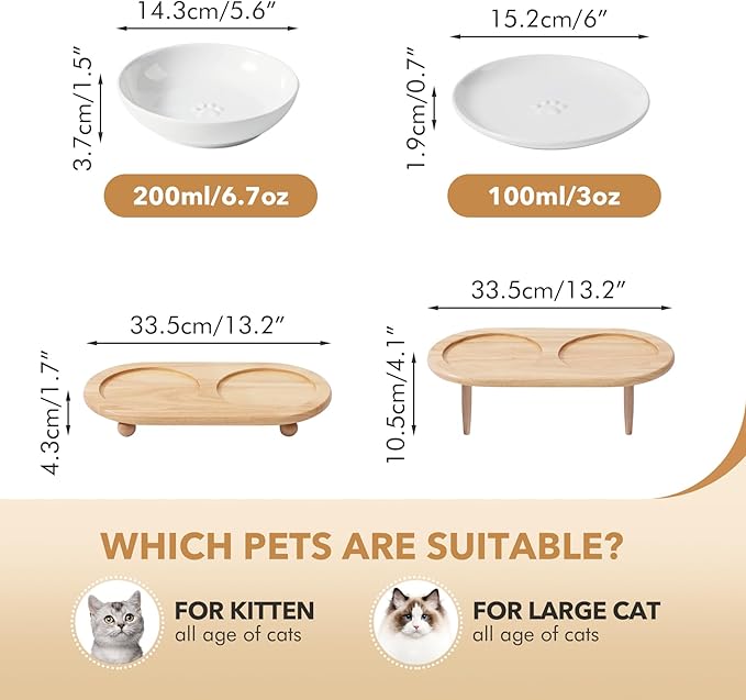 Havniva Raised Ceramic Wide Whisker Friendly Cat Dishes, Food& Water Bowl with 2 Style Stand Adjustable Raised Pet Bowl Set(2Dish+2Shallow Dish+Stand, White