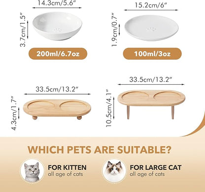 Havniva Raised Ceramic Wide Whisker Friendly Cat Dishes, Food& Water Bowl with 2 Style Stand Adjustable Raised Pet Bowl Set(2Dish+2Shallow Dish+Stand, White
