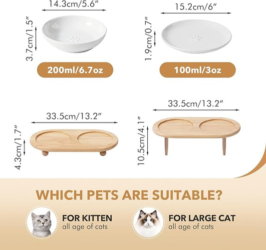 Havniva Raised Ceramic Wide Whisker Friendly Cat Dishes, Food& Water Bowl with 2 Style Stand Adjustable Raised Pet Bowl Set(2Dish+2Shallow Dish+Stand, White