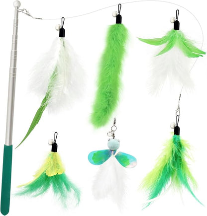 SONGWAY Cat Feather Toys Wand - 7 Pcs Interactive Cat Toys for Indoor Cats Kittens, Retractable Cat Wand with 6 Feather Teaser Refills with Bell, Cats Fishing Pole Toy, Green