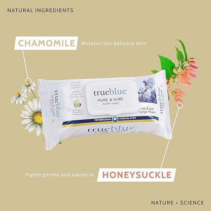 TrueBlue Chamomile & Honeysuckle Pure & Sure Puppy Wipes – Pre-Moistened Puppy Pads for Cleaning Dirty Paws, Coats, Dog Hair – Extra Large – 8”x7” – 100 Count