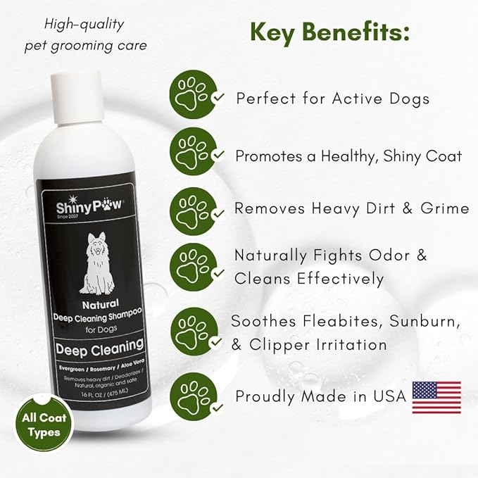 Shiny Paw Natural Deep Cleaning Organic Dog Shampoo 16 oz | Dog Itching Skin Relief with Evergreen, Aloe & Rosemary | Natural Dog Shampoo for Smelly Dogs