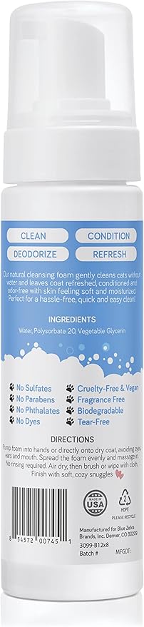Mighty Meow Waterless Foam Shampoo for Cats - No Rinse, Dry Shampoo for Cats - Eliminates Odors - Gentle & Anti-Itch - Natural & Hypoallergenic Waterless Cat Shampoo – Fragrance Free - 8 fl oz
