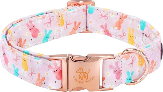 Elegant little tail Easter Dog Collar, Pink Bunny Floral Pattern Spring Pet Collars Gift Holiday Puppy Collars Soft Cotton Adjustable Dog Collar for Small Dogs