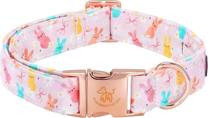 Elegant little tail Easter Dog Collar, Pink Bunny Floral Pattern Spring Pet Collars Gift Holiday Puppy Collars Soft Cotton Adjustable Dog Collar for Large Dogs