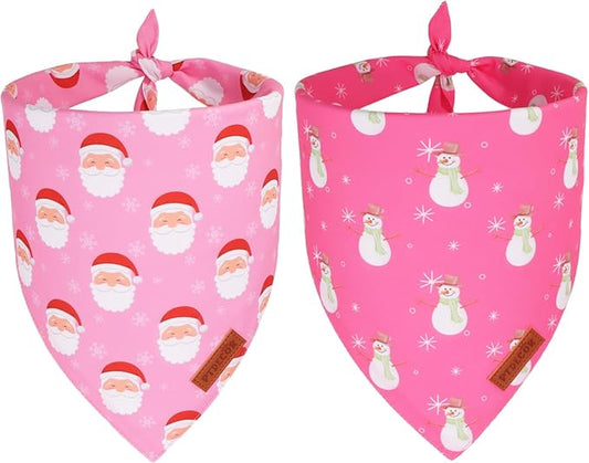 PTDECOR Christmas Dog Bandana, Santa Snowman Design Reversible Holiday Pet Scarf, Pink Triangle Fit Female Christmas Bandanas for Medium Large Dogs Pets (Large)