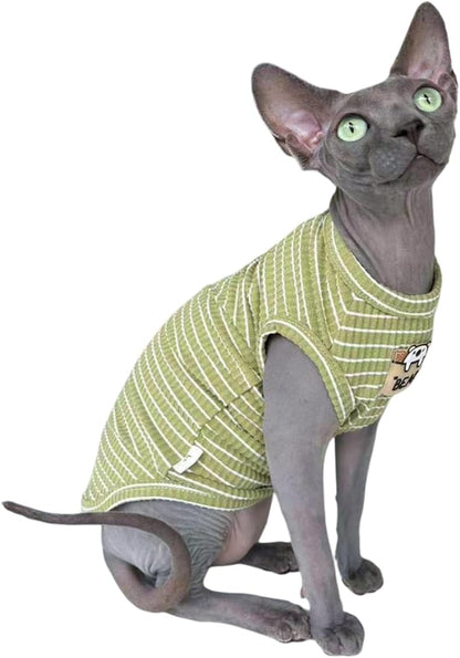 Sphynx Cat Clothes Vest for Hairless Cat, Rib Knit Stripe Cats T-Shirt Apparel, Kitten Summer Cotton Shirts Sleeveless for Cornish Rex, Devon Rex, Peterbald (Green, M (5.5-7.2 lbs))