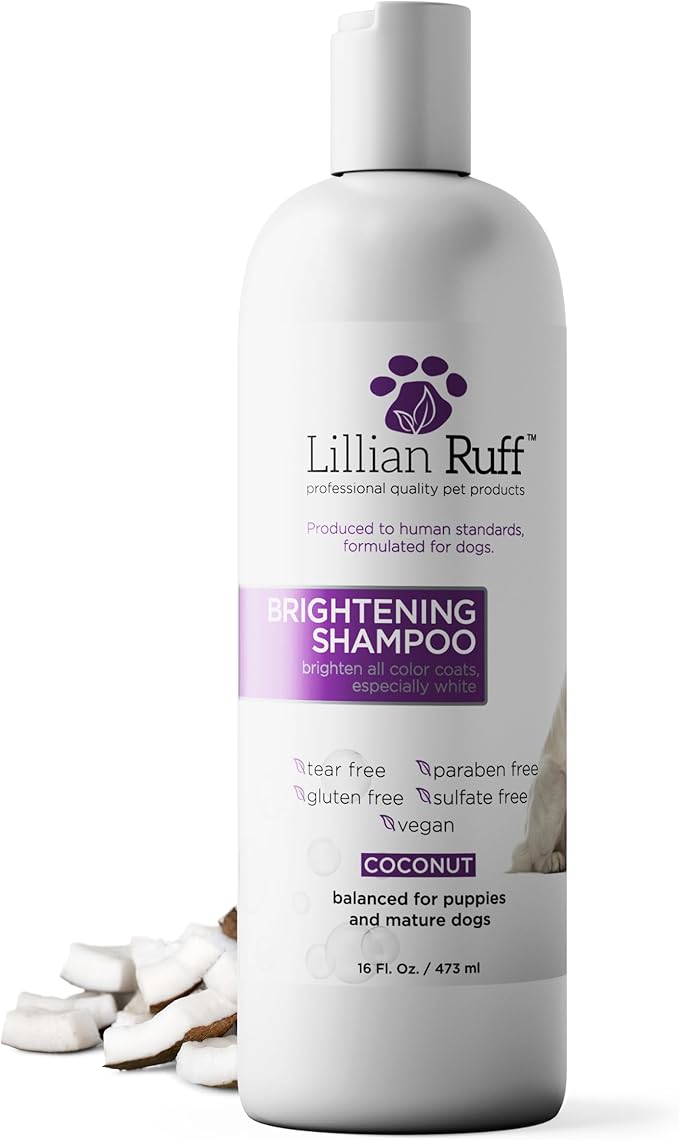 Lillian Ruff PRO Formula Ultra Brightening Dog Shampoo - Professional Whitening & Long-Lasting Odor Eliminator - Removes Stains & Discoloration, Dry Skin & Itch Relief with Aloe & Provitamin B5 (16oz)