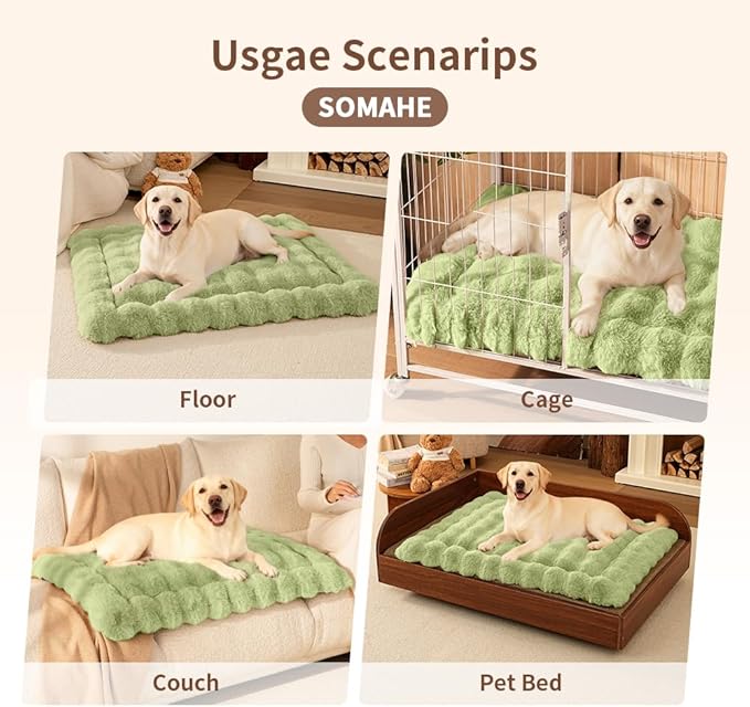 SOMAHE Self-Warming Dog Bed, Plush Faux Fur Mat with Anti-Slip Bottom, Ultra Soft Heated Pet Bed for Medium Large Dogs, Cozy Fluffy Pad for Carriers Couch Crate, Machine Washable, 35 x 27 Inch Green