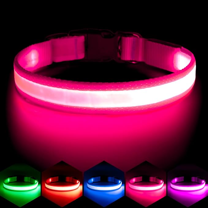 Vizpet LED Dog Collar, Light Up Dog Collar Adjustable USB Rechargeable Super Bright Safety Light Glowing Collars for Dogs (Large, Pink)
