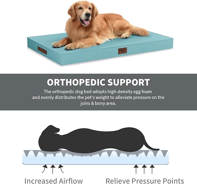 Tail Stories Outdoor Dog Bed for Small Dogs & Cats, Waterproof Dog Crate Mat Orthopedic Egg Crate Foam with Washable Removable Oxford Cover, Light Blue