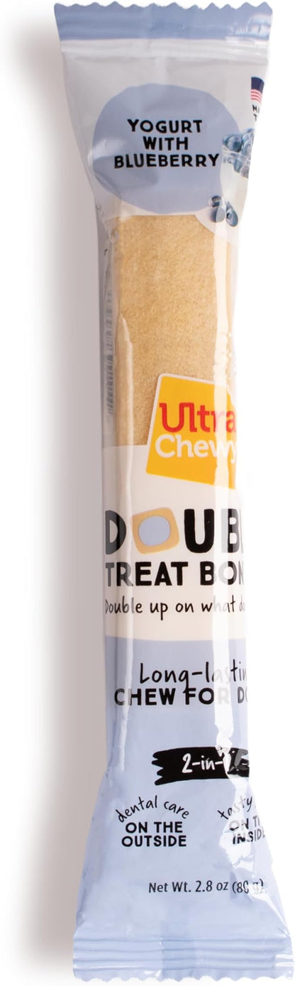 Ultra Chewy Yogurt with Blueberry Double Treat Bones: Long-Lasting Dog Treats Made in USA for Large and Small Breeds, Highly Digestible (12 Count)