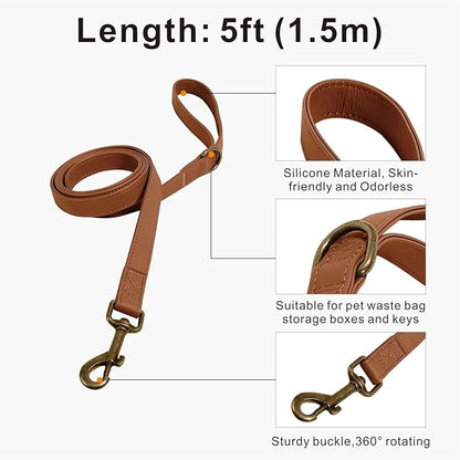 Silicone Dog Collar and Leash Set, Waterproof & Odor-Proof Puppy Collar for Small Dogs, Soft Flexible Leather-Look Dog Collars, Durable Thick Adjustable Pet Collar (Brown, Small (9-14" Neck))