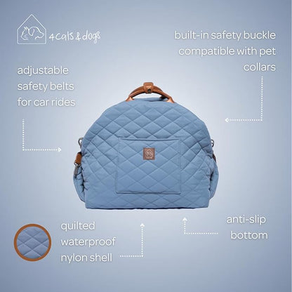 4 Cats & Dogs Mew Mew Travel Pet Bed – Soft Carrier for Small Dogs & Cats, Water-Resistant Quilted Shell, Adjustable Belts for Car Travel, Anti-Slip Bottom, Portable Pet Bed & Travel Bag - Blue Steel