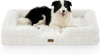 COZY KISS Orthopedic Dog Bed for Extra Large Dog, Soft and Warm Faux Fur Sofa for Giant Pet Up to 150 lbs, Foam Bolster Anti-Slip Couch with Washable Removable Cover, XXL 48x35x8 inch, Beige