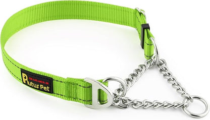 Plutus Pet Martingale Dog Collar with Stainless Steel Chain and Reflective Nylon, Adjustable No Pull Training Collar, for Small Medium, and Large Dogs, Lime Green, S