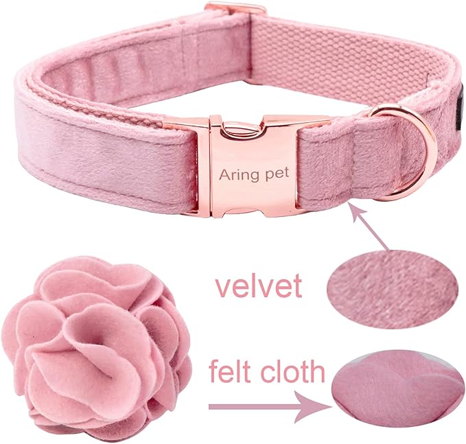 ARING PET Velvet Dog Collars, Pink Soft Pet Collar with Detachable Felt Flower Metal Buckle for Puppy Small Medium Large Boy Girl Dogs-XS