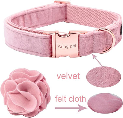 ARING PET Velvet Dog Collars, Pink Soft Pet Collar with Detachable Felt Flower Metal Buckle for Puppy Small Medium Large Boy Girl Dogs-XS