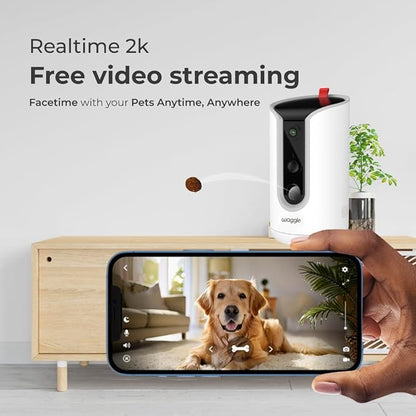 WaggleCam 2K Pet Camera and Treat Dispenser with 360° AI Tracking, 2-Way Audio, Motion Alerts, Night Vision, Dual-Band WiFi (2.4 GHz or 5 GHz) – Indoor Use