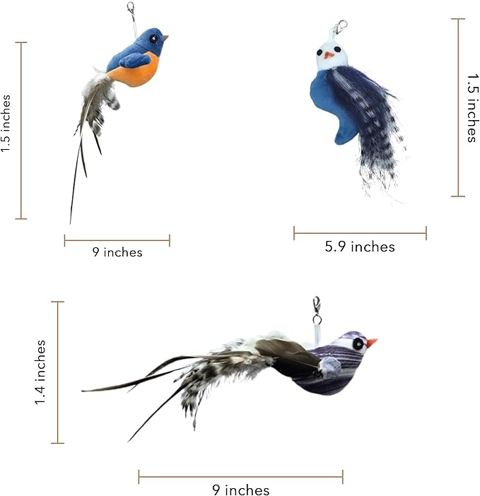 CUTIE PAW PAL Chirping Bird Replacement Heads for Cat Toys - Set of 3 - Realistic Calling Bird Sounds, Vibrant Feather Designs, Easy Clip-On for Endless Fun