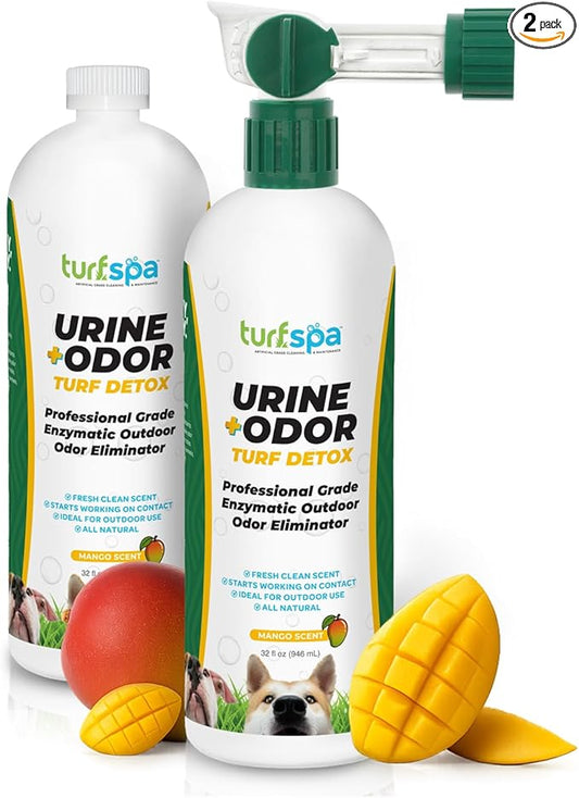 TurfSpa Urine & Odor Turf Detox: 2- Pack of Mango 32 oz Professional Enzyme Cleaner & Odor Eliminator for Artificial Grass, Turf, Concrete, Patio & Kennels, Pet Urine Enzymatic Cleaner for Dogs & Cats