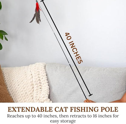 GADGETSOLOGY Cat Toys Set Cat Fishing Pole Retractable Wand Suction Cup & Hanging Teaser Wand for Indoor Cats & Kittens Feather Attachments Ribbon