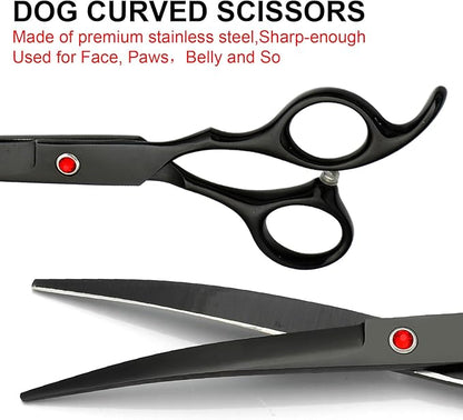 FAIGEO Professional Dog Grooming Scissors Set Stainless Steel Dog Grooming Kit - Thinning, Curved Scissors and Comb for Cat Pet (Black 5 in1)