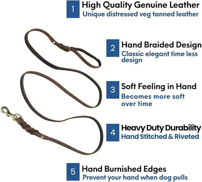 Leather Short Dog Leash 15 Inch - Short Dog Traffic Lead for Large Dogs Training and Walking - Braided Leather Tab for Large Dogs - Full Grain Heavy Duty. (Brown, 2 FT)