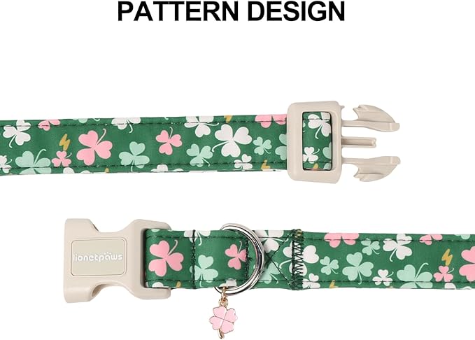 Lionet Paws St. Patrick Dog Collar- Cute Clover Green Dog Collars with Plastic Buckle, Light Adjustable Dogs Collars with Pink Clover Pendant for Small Medium Dogs