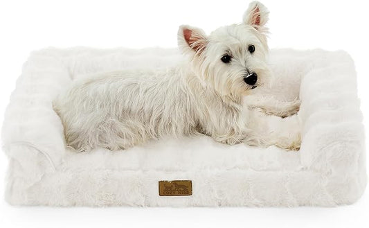 COZY KISS Faux Rabbit Fur Orthopedic Dog Bed, Dog Bed for Medium Size, Supportive Foam Pet Sofa with Waterproof Lining Cover, Washable U-Shaped Pet Couch with Anti-Slip Bottom, Beige M 30x20x6.5 inch