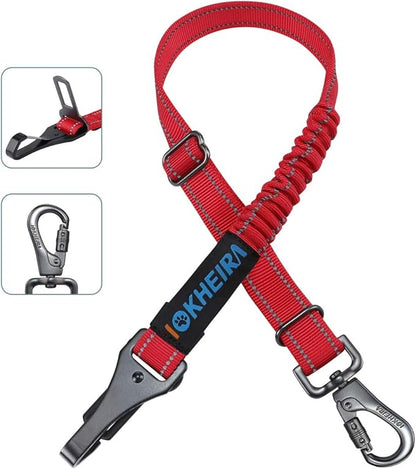 IOKHEIRA Dog Seat Belt 3-in-1 Car Harness for Pets Adjustable Safety Seatbelt Nylon Reflective Bungee Fabric Dog Car Harness with Clip Hook Latch & Buckle, Swivel Zinc Alloy Carabiner Red