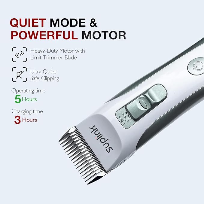 suplink Professional Dog Clippers for Thick Coats, Low Noise Cordless Grooming Clippers with Detachable Blades (1mm, 3mm, 6mm, 9mm), Rechargeable, Quiet Clippers for Sensitive Pets & Home Use