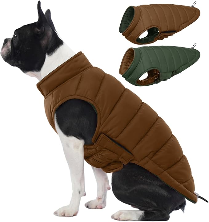 Lelepet Reversible Dog Coat Waterproof Dog Jacket Windproof Puffer Vest for Winter Warm Lightweight Coats for Small Dogs Adjustbale Hook & Loop Pet Apparel with Leash Hole, Chihuahua, Brown, XS