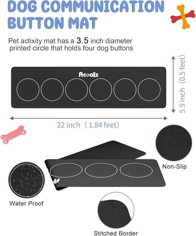 Acools Dog Buttons for Communication, 6 Pcs Dog Talking Button Set, 30s Voice Recordable Pet Training Buzzer, Speaking Buttons for Cats & Dogs with Waterproof Dog Activity Mat and 24 Scene Stickers