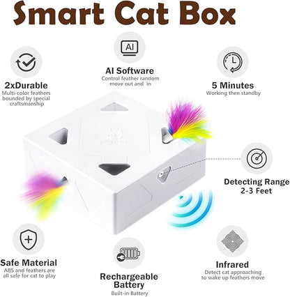 Migipaws Interactive Cat Toy -Migibox Without Popskin, Puzzle Toy for Indoor Bored Cats, Automatic Pop Out Feathers from 7 Holes Randomly, Motion Activated, USB Rechargeable