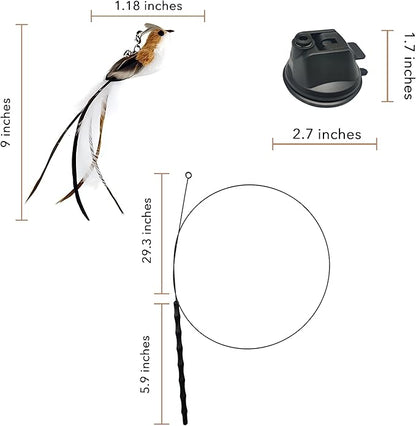 CUTIE PAW PAL Interactive Suction Cup Cat Toy for Indoor Cat, Long Tail Feather Bird, Spring Wire Suctions to Ground, Hands Free Bird Simulation Cat Toy Wand Set that Sticks to Floor, Feathers & Bells
