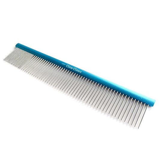 Claw Claws Greyhound Oval Grooming Comb – Aluminum handle, Stainless Steel Teeth Comb for Long-Haired Dogs & Cats, Removes Mats, Tangles, and Loose Fur – Lightweight for Deshedding (Silver/Blue, 9.8")