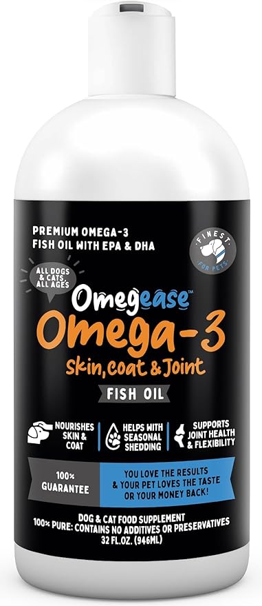 Omega 3 Fish Oil for Dogs & Cats. 100% Natural Wild Caught EPA & DHA Fatty Acids Supplement for Joints, Skin & Coat, Itching, Shedding & Immune Health. Stronger Than Salmon Oil, Omegease 32 oz