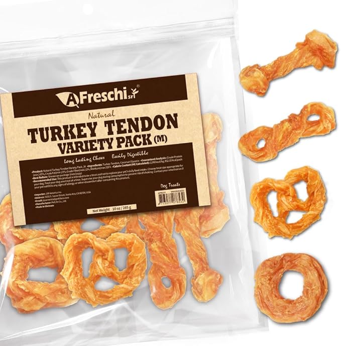 A Freschi srl Turkey Tendons for Dogs, USA-Sourced, Healthy Dog Treats, Rawhide-Free Puppy Chews, Long Lasting, All Natural, Hypoallergenic Dog Treats for Medium Breeds, 10 oz Pack Variety (M)