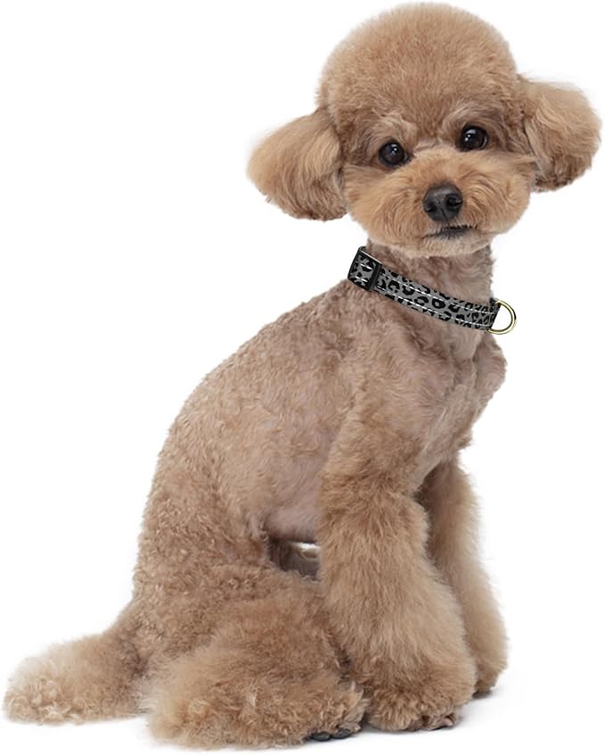 Reflective Dog Collar for Small Dogs Cats, Cute Leopard Style Adjustable Heavy-Duty Nylon Puppy Collar for Boy and Girl Female, Soft Pet Accessories with Quick Release Buckle, Gray