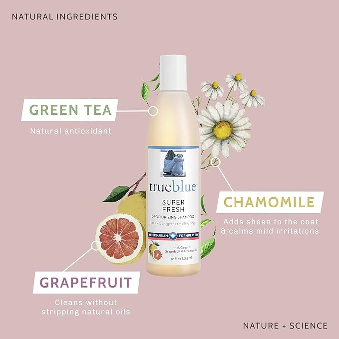 TrueBlue Grapefruit & Chamomile Deodorizing Dog Shampoo – Cleansing Wash, Moisturizing – Toxin Free, Natural Botanical Blend – Tearless – 12 Fl. Oz.