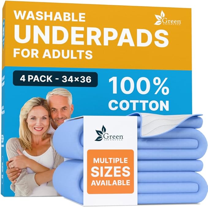 GREEN LIFESTYLE 100% Cotton Washable Underpads - Large Bed Pads for use as Incontinence Bed Pads, Reusable Pet Pads, Great for Dogs, Cats, Bunny, Seniors Bed Pad (Pack of 4 - 34x36)