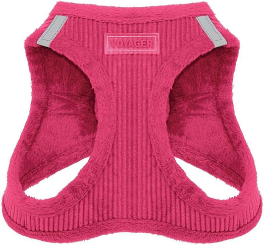 Best Pet Supplies - All Weather Plush, Reflective, No Pull Harness for Small, Medium Dogs, Cats - Secure with Hook & Loop Fastener, Buckle, Double D-Rings - Fuchsia Corduroy, S