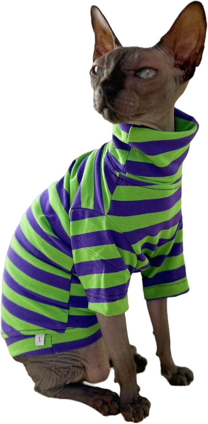 Vintage Stripes Sphynx Hairless Cats Shirt Cotton Cat Turtleneck Pet Clothes Kitten T-Shirts with Sleeves for Sphynx Cats (Eggplant, Small)