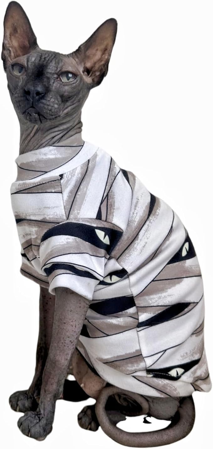 Limited Edition Sphynx Cat T-Shirts Elastic Hairless Cat Sweatshirt Pet Kitten Clothes Round Collar Kitten Shirts Vest Cats & Small Dogs Apparel (Mummy, S (3.3-4.4 lbs))