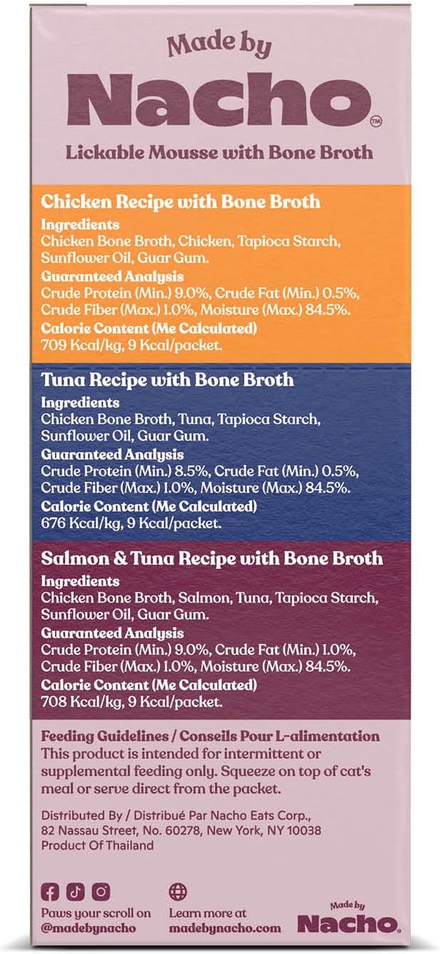 Made by Nacho Lickable Cat Treats Mousse Tubes 12 Count with Bone Broth Variety Pack (.5 oz) No Grains, Corn, Wheat or Soy
