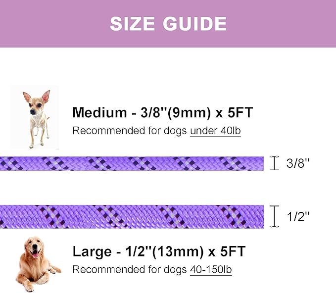 Heavy Duty Rope Dog Leash, No Pull Training Lead with Reflective Thread, Strong Comfortable Loop - Purple Stripe, Large(1/2")