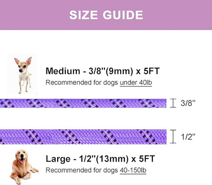 Heavy Duty Rope Dog Leash, No Pull Training Lead with Reflective Thread, Strong Comfortable Loop - Purple Stripe, Large(1/2")