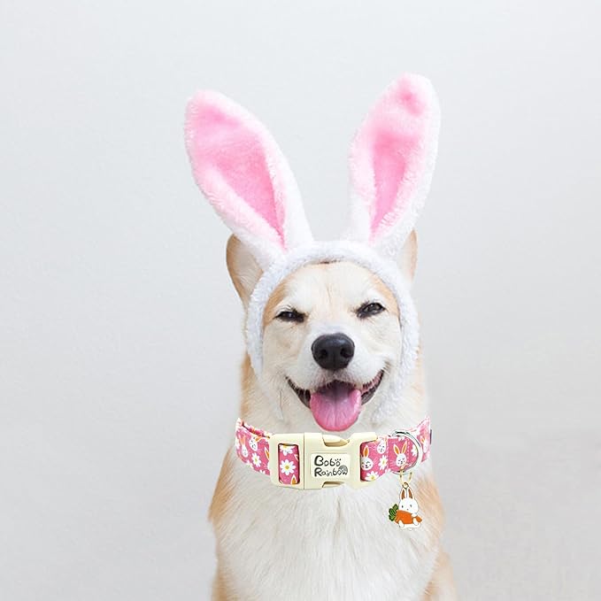 Easter Dog Collar-Cute Rabbit Adjustable Pet Collar Soft Pink Holiday Puppy Collar Comfortable Cotton Necklace Gift for X-Small Dogs